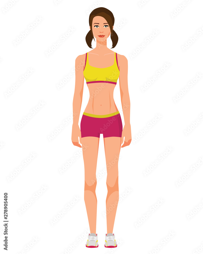 Vector illustration of sportive girl with two tails in sportswear under the white background. Cartoon realistic people illustration. Flat young woman. Front view girl. Vector illustration of sportive girl with two tails in sportswear under the white background. Cartoon realistic people illustration. Flat young woman. Front view girl.
