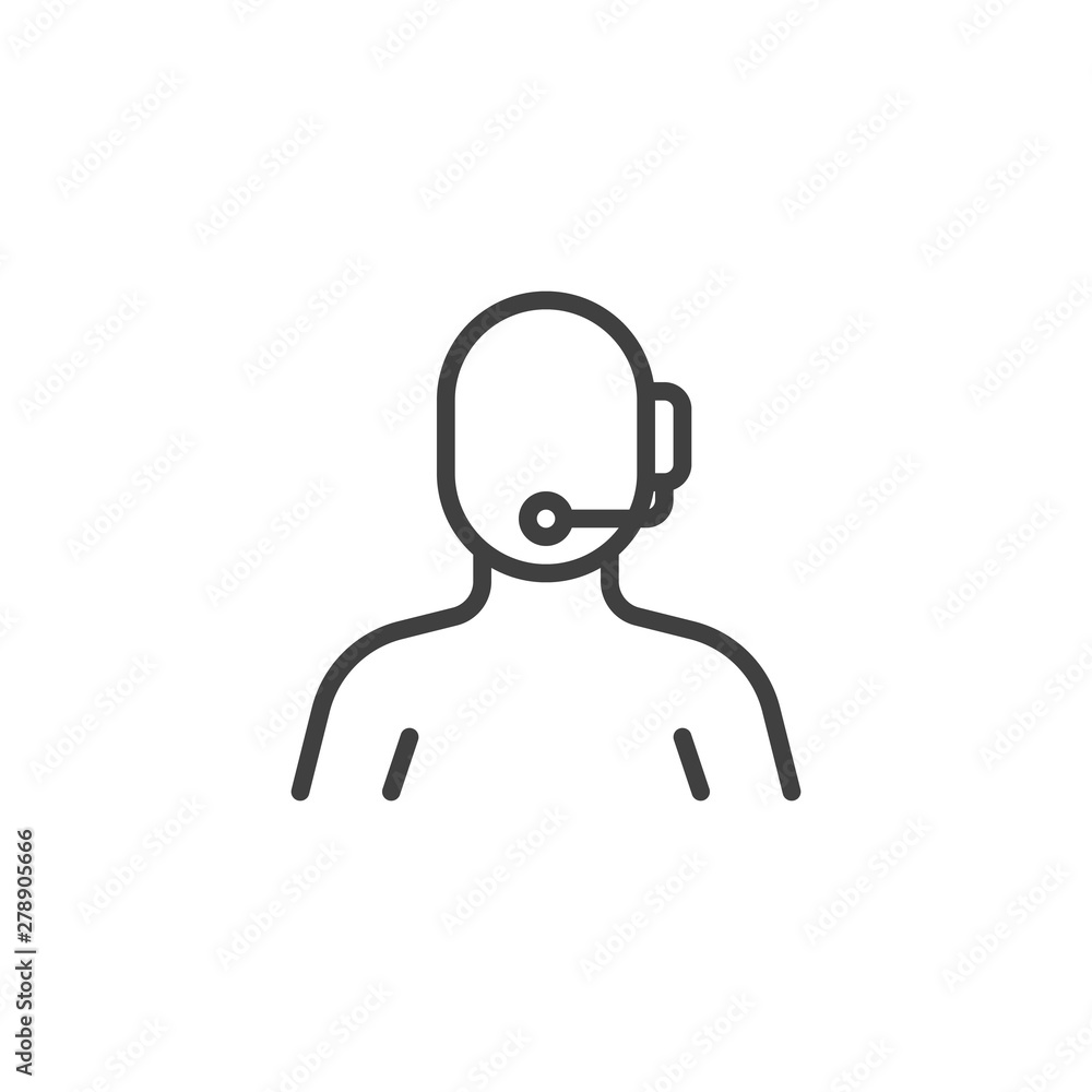 Call center operator with headset line icon. Assistance linear style sign for mobile concept and web design. Support Operator outline vector icon. Symbol, logo illustration. Vector graphics Call center operator with headset line icon. Assistance linear style sign for mobile concept and web design. Support Operator outline vector icon. Symbol, logo illustration. Vector graphics