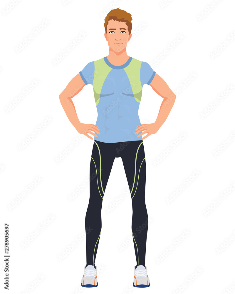 Vector illustration of sports man in sportswear under the white background.  Cartoon realistic people illustration. Flat young athlete. Front view man.  Stock Vector | Adobe Stock
