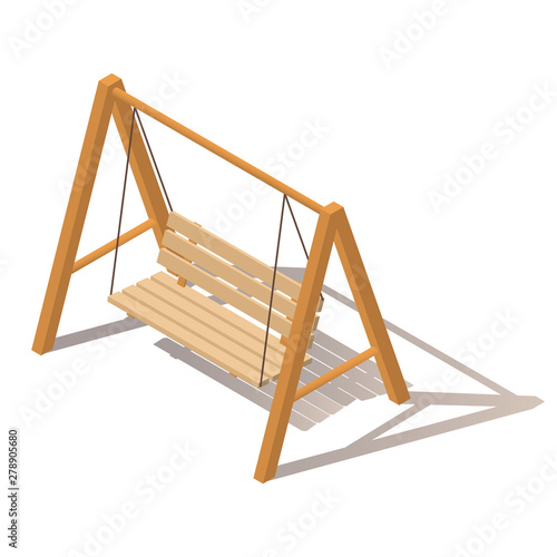 Outdoor garden wooden hanging on frame porch swing bench furniture with ropes isolated on white background. Isometric vector illustration. Isometric swing. 