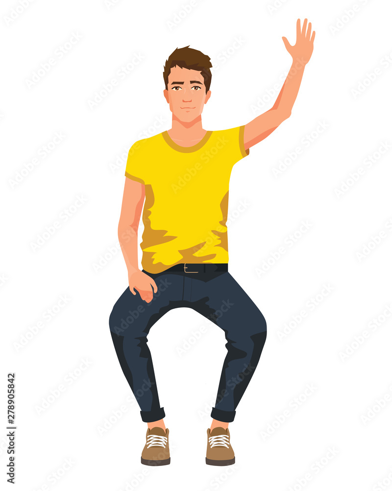 Vector illustration of sitting man with hand up in casual clothes. Cartoon  realistic people illustration. Flat young man. Front view man. Greeting  Stock Vector | Adobe Stock