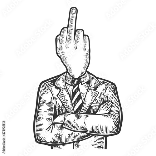 Businessman with middle finger obscene gesture instead head sketch engraving vector illustration. Scratch board style imitation. Black and white hand drawn image.