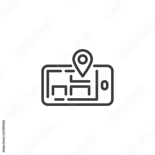 Mobile navigation app line icon. linear style sign for mobile concept and web design. Smartphone with map marker outline vector icon. Symbol, logo illustration. Vector graphics