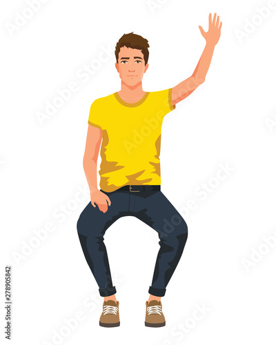 Vector illustration of sitting man with hand up in casual clothes. Cartoon realistic people illustration. Flat young man. Front view man. Greeting