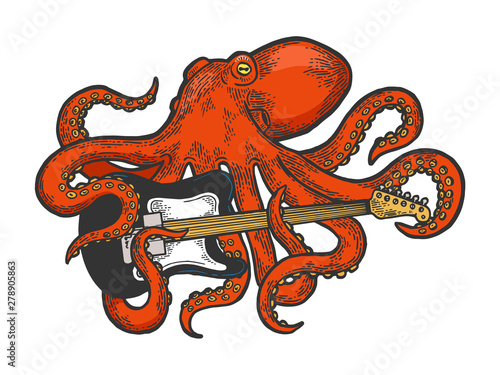 Octopus playing electric guitar color sketch engraving vector illustration. Scratch board style imitation. Black and white hand drawn image.