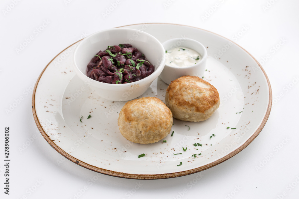 meat balls and red bean with white sauce isolated on white background meat balls and red bean with white sauce isolated on white background