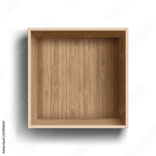 Empty open wooden box template. Isolated on white background