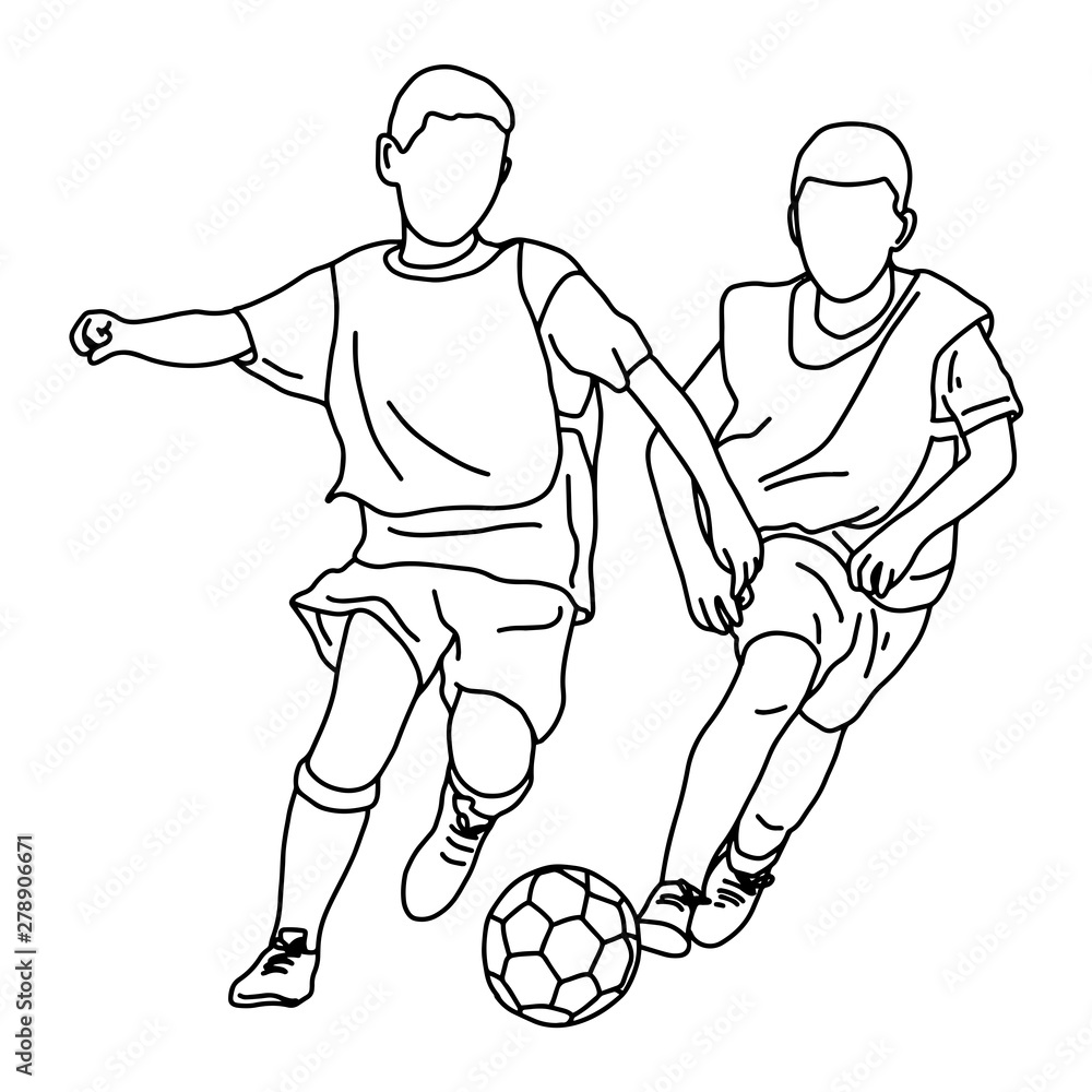 two boys playing soccer together vector illustration sketch doodle hand drawn with black lines isolated on white background