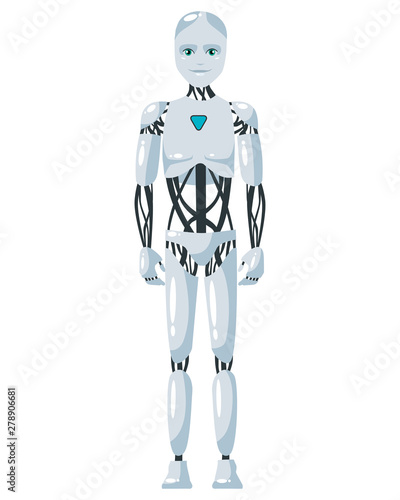Vector illustration of a  robotic man with the white background. Cartoon realistic humanoid robot. Flat robot. Front view. RPA Robotic progress automation concept illustration.