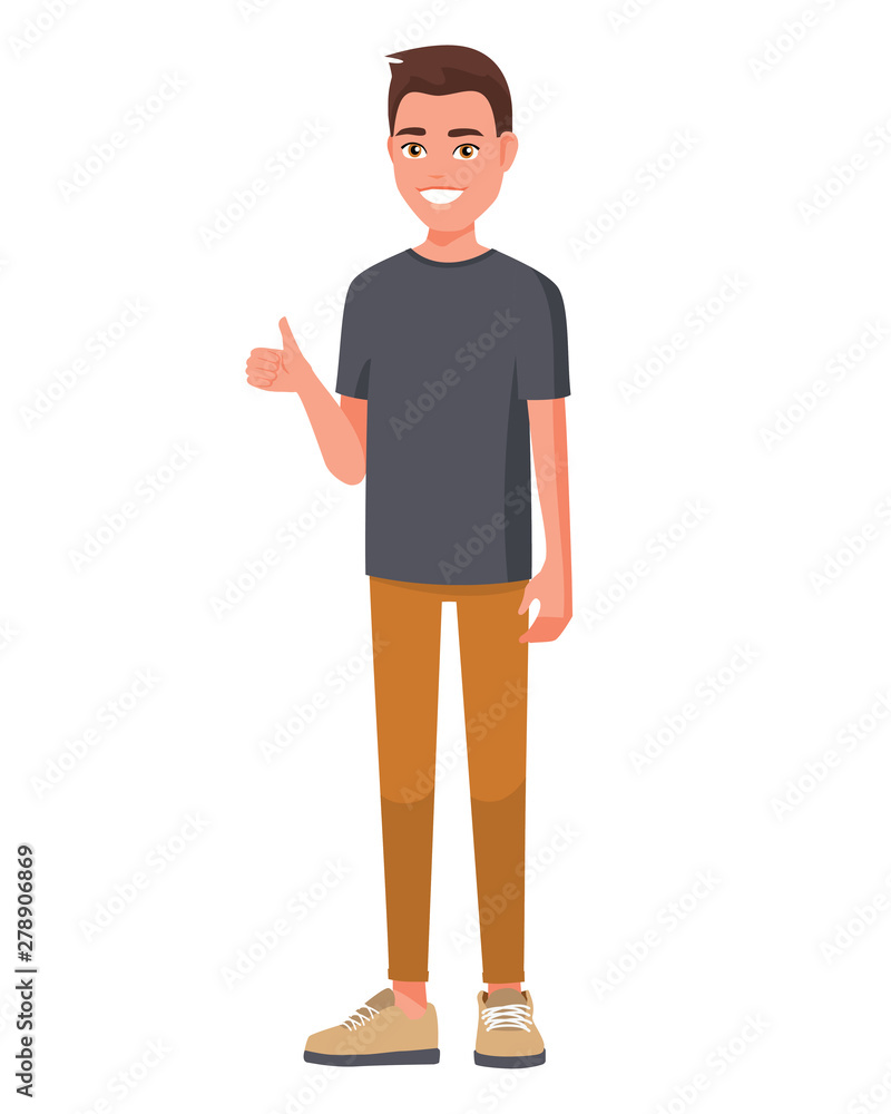 Vector illustration of smiling man in casual clothes show thump up for agreement sign with success business concept. Cartoon realistic people set. Flat young man. Front view. Good hand, good job. Vector illustration of smiling man in casual clothes show thump up for agreement sign with success business concept. Cartoon realistic people set. Flat young man. Front view. Good hand, good job.