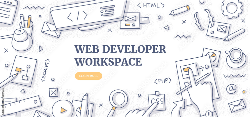 Web Developer Workspace Doodle Background Concept - obrazy, fototapety, plakaty 