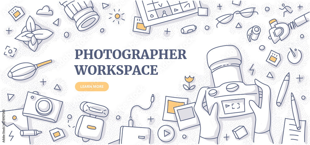 Photographer Workspace Doodle Background Concept Photographer Workspace Doodle Background Concept