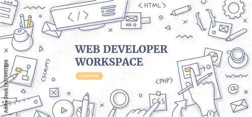 Web Developer Workspace Doodle Background Concept