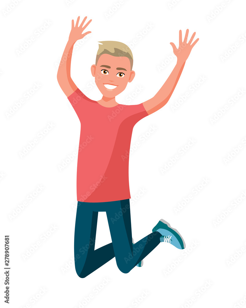 Vector illustration of jumping men. Cartoon realistic people. Flat young man.  Front view. Happy guy jumping with hands up on a white background. Guy in  casual clothes. Success. Winner. Stock Vector |