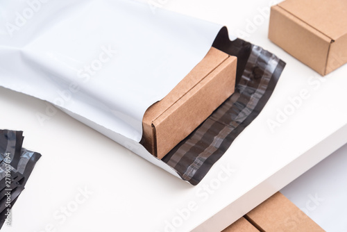 Office desk with post envelopes, top view
