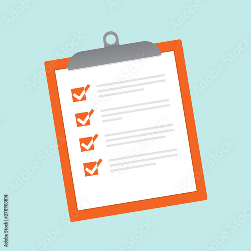 Clipboard and check list marks on paper. Flat style design vector illustration