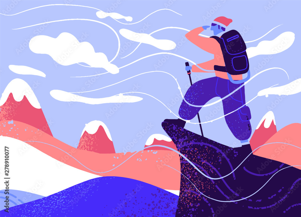 Man with bag on the rock. Extreme outdoor sports. Climbing the mountains. Vector illustration - obrazy, fototapety, plakaty 