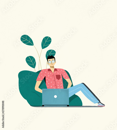 Illustration of man working on laptop at home