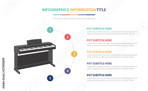 piano infographic template concept with five points list and various color with clean modern white background - vector