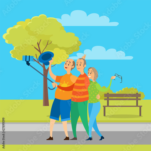 Old man and woman embracing and making selfie, senior holding stick with phone, smiling pensioners standing in urban park, elderly man and woman vector