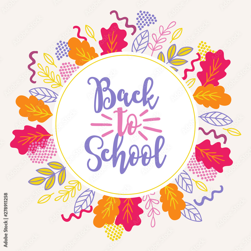 Back to school greeting card with colorful oak leaves, branches Back to school greeting card with colorful oak leaves, branches
