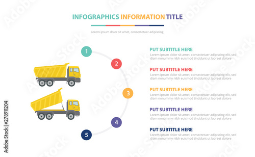 dump truck infographic template concept with five points list and various color with clean modern white background - vector
