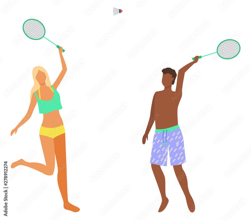 Man and woman in bikini having fun playing badminton game on beach. People in swimsuits play with ball outdoors isolated cartoon characters, vector Man and woman in bikini having fun playing badminton game on beach. People in swimsuits play with ball outdoors isolated cartoon characters, vector