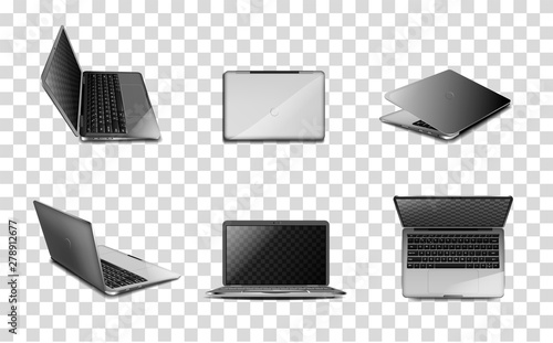 3D set of modern laptops. Realistic mock-up in different angles on a transparent background.