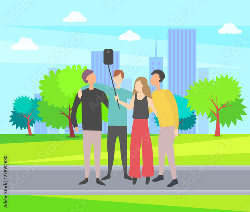 People taking selfie together vector, man and woman friendship, friends standing on street with stick making photo on cityscape park background flat style