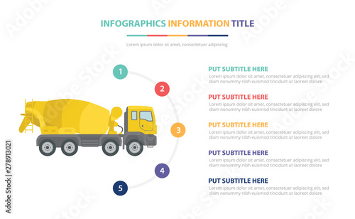 concrete mixer infographic template concept with five points list and various color with clean modern white background - vector
