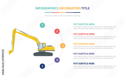 excavators infographic template concept with five points list and various color with clean modern white background - vector