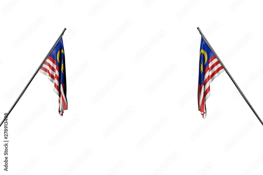 beautiful two Malaysia flags hangs on in corner poles from two sides isolated on white - any holiday flag 3d illustration..