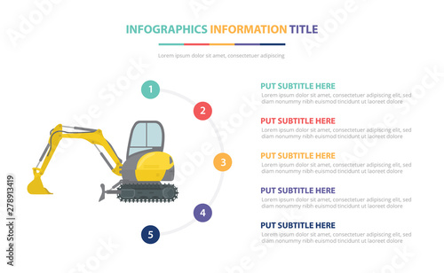 small or mini excavators infographic template concept with five points list and various color with clean modern white background - vector