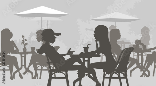 cartoon silhouettes of people sitting in a cafe at the tables