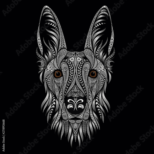 Beautiful vector portrait of a shepherd dog from patterns on a black background
