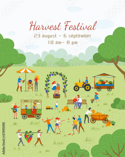 Harvest festival vector, people celebrating and having fun. Friends throw tomatoes. Grapes, market with vegetables and fruits, tractor and farmers farming. Festival near or of the Harvest Moon