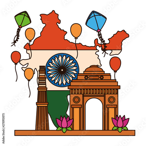 map with indian flag and gate building independence day