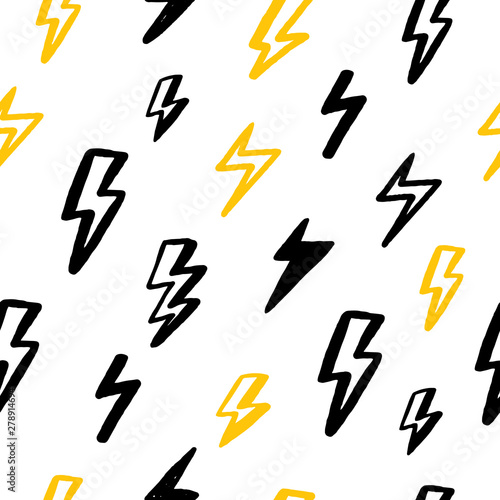 Print grunge thunderbolt seamless pattern for wallpaper design in black and yellow colors. Abstract geometric art background. Vector design.
