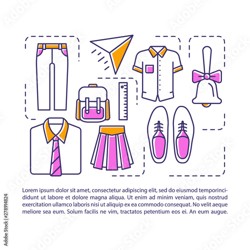School, college uniform article page vector template. Pupils clothes. Brochure, magazine, booklet design element with linear icons and text boxes. Print design. Concept illustrations with text space