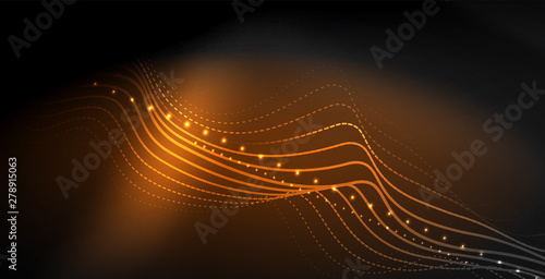 Glowing abstract wave on dark, shiny motion, magic space light. Techno abstract background