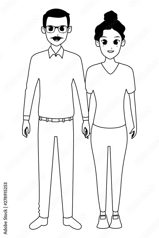 Family old father with adult daughter smiling cartoon in black and white Family old father with adult daughter smiling cartoon in black and white