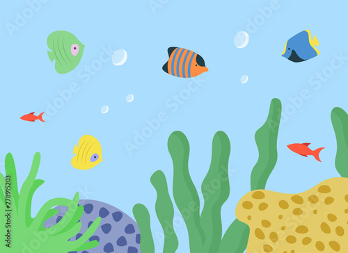 Tropical fish and exotic plants growing underwater vector. Tropics wildlife flora and fauna  seaweed decor aquatic vegetation. Sea water dwellers
