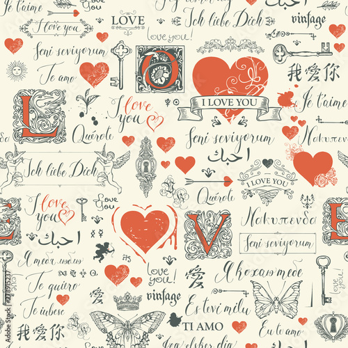 Vector seamless pattern with hearts, butterflies, cupids, initial letters, keys, keyholes and love theme letterings. Abstract background with hand written declarations of love in different languages.