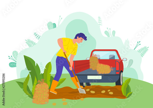Man working on potato field vector, tractor machine for transportation of gathered production. Countryside nature, male using shovel farmer on farm