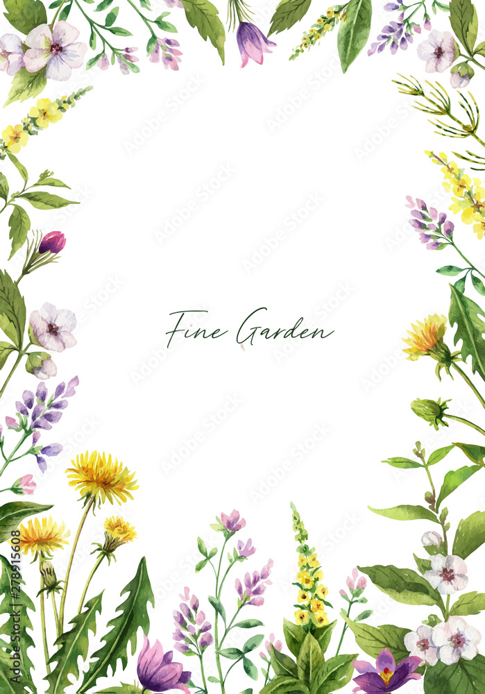 Watercolor hand vector painted card with field flowers.