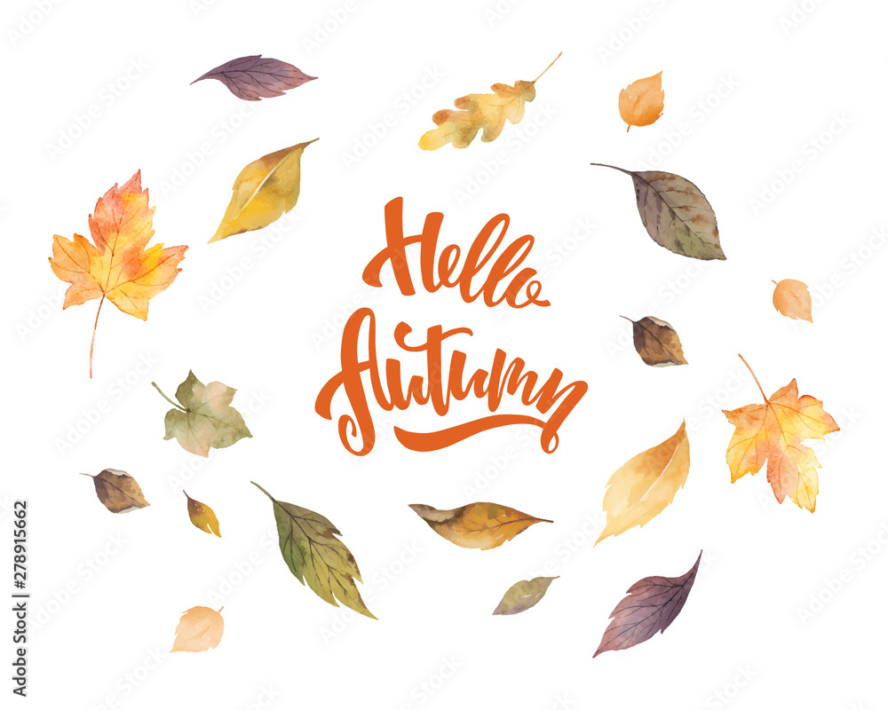 Watercolor vector card with hand lettering Hello autumn and leaves ...