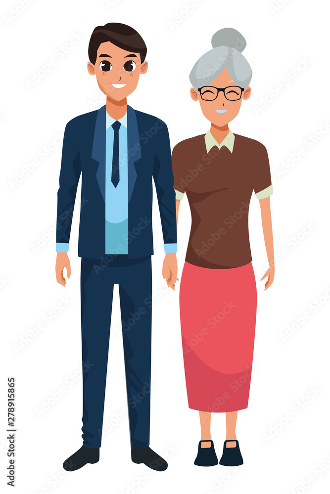 Family old mother with adultt son smiling and greeting Family old mother with adultt son smiling and greeting