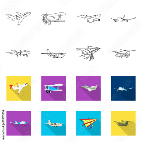 Vector illustration of plane and transport logo. Collection of plane and sky stock symbol for web.