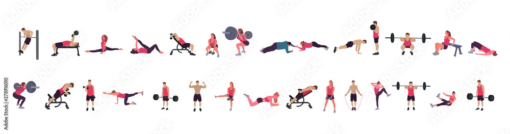 Man and woman gym set. Workout flat illustration collection - Vector Man and woman gym set. Workout flat illustration collection - Vector
