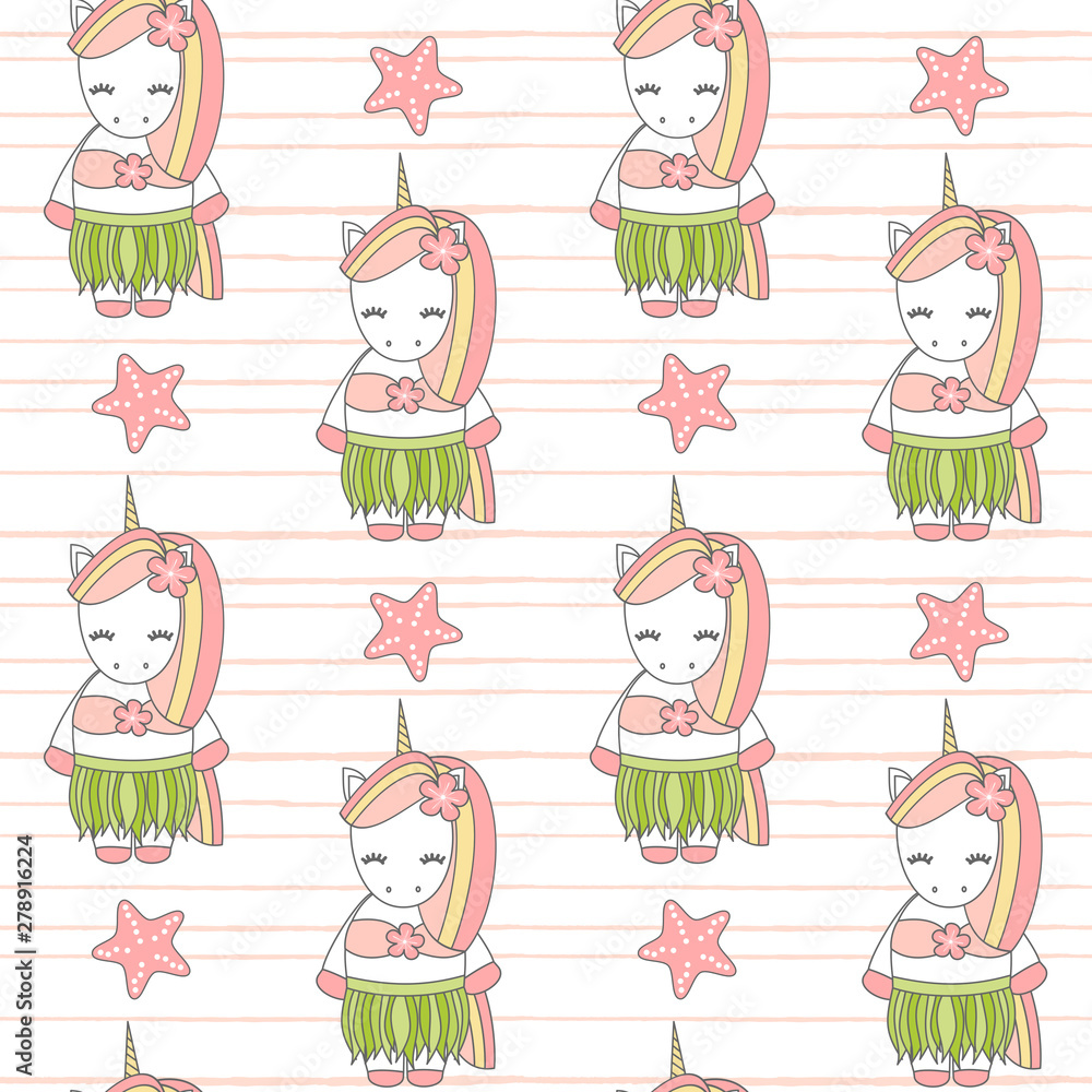 cute lovely summer cartoon Hawaiian unicorn funny seamless vector pattern background illustration cute lovely summer cartoon Hawaiian unicorn funny seamless vector pattern background illustration